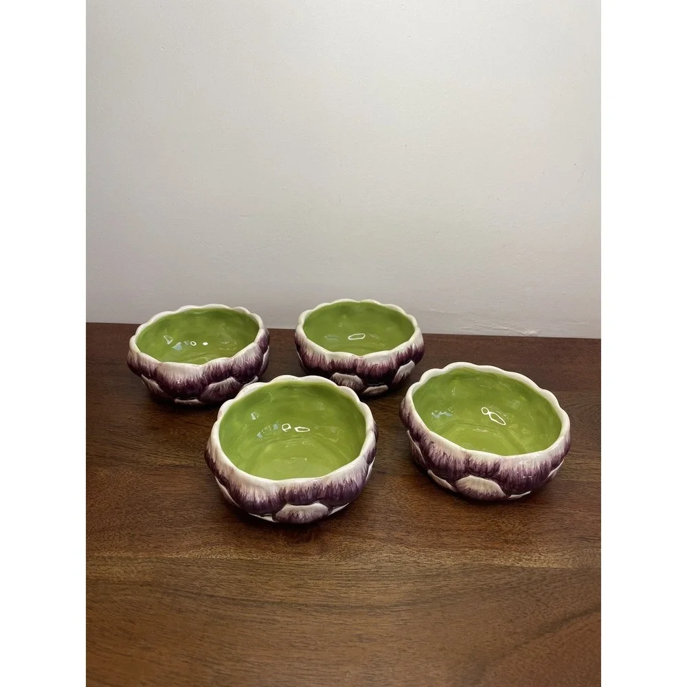 Set of 4 Pier 1 Hand Painted Ironstone Artichoke Shaped Small Serving Bowls